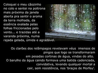 Os clarões dos relâmpagos revelavam véus  imensos de pingos que logo se transformaram em pesadas cortinas de água, vindas do alto.  O barulho da água caindo formava uma batida cadenciada, convidativa, levando qualquer mortal a cair, sem resistência, nos 'braços de Morfeu'. Coloquei o meu cãozinho no colo e sentei na poltrona mais próxima da janela aberta pra sentir o aroma da terra molhada, da essência exalada pelas folhas friccionadas pelo vento... e trazidas até a  varanda próxima, numa rajada gelada, úmida e agradável. 