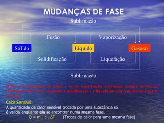 MUDANÇAS DE FASE Sólido Líquido Gasoso Sublimação Sublimação Fusão Solidificação Vaporização Liquefação OBS:. Os fenômenos de fusão e os de vaporização acontecem sempre devido ao recebimento de calor, enquanto a solidificação e a liquefação ocorrem devido à perda de calor. Calor Sensível: A quantidade de calor sensível trocada por uma substância só é valida enquanto ela se encontrar numa mesma fase. Q = m . c .  Δ T  (Trocas de calor para uma mesma fase) 