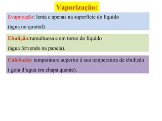 Vaporização:
Evaporação: lenta e apenas na superfície do líquido
(água no quintal).

Ebulição:tumultuosa e em torno do líquido
(água fervendo na panela).

Calefação: temperatura superior à sua temperatura de ebulição
( gota d’agua em chapa quente).
 