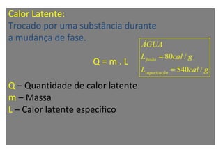 Calor Latente:
Trocado por uma substância durante
a mudança de fase.
                                  ÁGUA
                                  L fusão = 80cal / g
                    Q=m.L
                                  Lvaporização = 540cal / g

Q – Quantidade de calor latente
m – Massa
L – Calor latente específico
 
