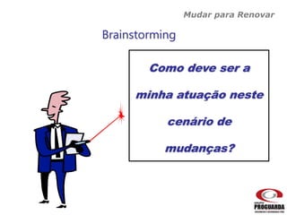 Brainstorming
Como deve ser a
minha atuação neste
cenário de
mudanças?
Mudar para Renovar
 