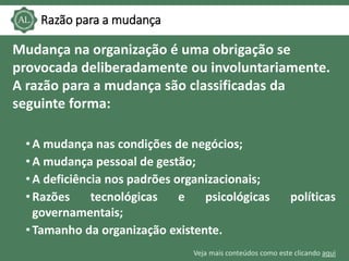 Veja mais conteúdos como este clicando aqui
Razão para a mudança
Mudança na organização é uma obrigação se
provocada delib...