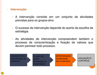 •   Intervenção:

     •   A intervenção consiste em um conjunto de atividades
         previstas para os grupos-alvo.

     •   O sucesso da intervenção depende do acerto da escolha da
         estratégia.

     •   As atividades de intervenção compreendem também o
         processo de conscientização e fixação de valores que
         devem permear todo processo.


    DIAGNÓSTICO         PLANO DE         INTERVENÇÃO
    (Identificação do   AÇÃO             (Implantação    AVALIAÇÃO E
    problema)           (Estratégia de   das mudanças)   CONTROLE
                        implantação)
 