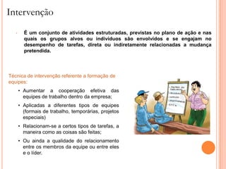 Intervenção
   •     É um conjunto de atividades estruturadas, previstas no plano de ação e nas
         quais os grupos alvos ou indivíduos são envolvidos e se engajam no
         desempenho de tarefas, direta ou indiretamente relacionadas a mudança
         pretendida.




Técnica de intervenção referente a formação de
equipes:
       • Aumentar a cooperação efetiva das
         equipes de trabalho dentro da empresa;
       • Aplicadas a diferentes tipos de equipes
         (formais de trabalho, temporárias, projetos
         especiais)
       • Relacionam-se a certos tipos de tarefas, a
         maneira como as coisas são feitas;
       • Ou ainda a qualidade do relacionamento
         entre os membros da equipe ou entre eles
         e o líder.
 