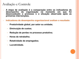 Avaliação e Controle
•   A etapa de avaliação é a comparação entre os indicadores de
    desempenho da organização no momento em que foi
    desencadeado o processo e a situação observada após as
    primeiras intervenções.

•   Indicadores de desempenho organizacional avaliam o resultado:
     •   Produtividade global, por setor ou unidade;
     •   Diminuição de custos;
     •   Redução de perdas no processo produtivo;
     •   Horas de retrabalho;
     •   Rotatividade de empregados;
     •   Lucratividade.
 