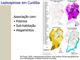 De Paula, 2005. Leptospirose Humana: uma análise climato-geográfica de sua manifestação no Brasil, Paraná e Curitiba Leptospirose em Curitiba Associação com: Pobreza Sub-habitação Alagamentos 