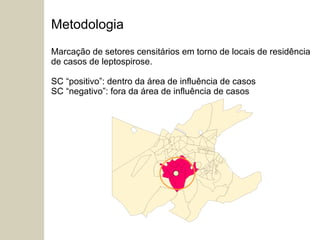 Metodologia Marcação de setores censitários em torno de locais de residência de casos de leptospirose. SC “positivo”: dentro da área de influência de casos SC “negativo”: fora da área de influência de casos   