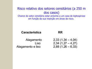 Risco relativo dos setores censitários (a 250 m dos casos) Chance do setor censitário estar próximo a um caso de leptospirose em função da sua inserção em áreas de risco.  Alagamento 2,33 (1,34 – 4,04) Lixo 2,34 (1,27 – 4,27) Alagamento e lixo 2,88 (1,26 – 6,33) Característica RR 