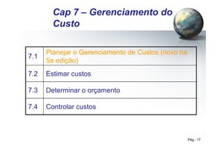 Pág.: 17
7.1
Planejar o Gerenciamento de Custos (novo na
5a edição)
7.2 Estimar custos
7.3 Determinar o orçamento
7.4 Controlar custos
/ 34
Cap 7 – Gerenciamento do
Custo
 