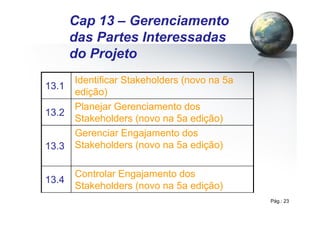 Pág.: 23
13.1
Identificar Stakeholders (novo na 5a
edição)
13.2
Planejar Gerenciamento dos
Stakeholders (novo na 5a edição)
13.3
Gerenciar Engajamento dos
Stakeholders (novo na 5a edição)
13.4
Controlar Engajamento dos
Stakeholders (novo na 5a edição)
/ 34
Cap 13 – Gerenciamento
das Partes Interessadas
do Projeto
 
