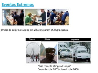 Eventos Extremos
              Geleira Chacaltaya na Bolívia




Ondas de calor na Europa em 2003 mataram 35.000 pessoas




                                “Frio recorde atinge a Europa”
                                Dezembro de 2005 a Janeiro de 2006
 