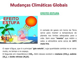 Mudanças Climáticas Globais
                                          EFEITO ESTUFA




                                          A camada de gases em torno da Terra
                                          serve para manter a temperatura do
                                          planeta nos limites adequados para a
                                          vida. Sem essa "manta" que retém o
                                          calor, a atmosfera seria cerca de 18°C
                                          mais fria.

O vapor d’água, que é o principal “gás estufa”, cuja quantidade contida no ar varia
muito, no tempo e no espaço.
O Segundo em importância é CO2. Além desses existem o metano (CH4), ozônio
(O3), e óxido nitroso (N2O).
 