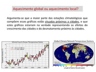 Aquecimento global ou aquecimento local?
         Geleira Chacaltaya na Bolívia

Argumenta-se que a maior parte das estações climatológicas que
compõem esses gráficos estão situadas próximas a cidades, e que
estes gráficos estariam na verdade representando os efeitos do
crescimento das cidades e do desmatamento próximo às cidades.
 
