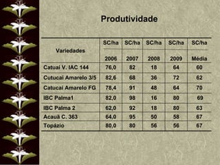 Produtividade Variedades SC/ha 2006 SC/ha 2007 SC/ha 2008 SC/ha 2009 SC/ha Média Catuaí V. IAC 144 76,0 82 18 64 60 Cutucai Amarelo 3/5 82,6 68 36 72 62 Catucaí Amarelo FG 78,4 91 48 64 70 IBC Palma1 82,0 98 16 80 69 IBC Palma 2 62,0 92 18 80 63 Acauã C. 363 64,0 95 50 58 67 Topázio 80,0 80 56 56 67 
