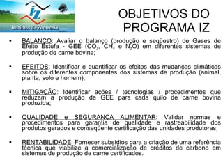 OBJETIVOS DO PROGRAMA IZ BALANÇO : Avaliar o balanço (produção e seqüestro) de Gases de Efeito Estufa - GEE (CO 2 , CH 4  e N 2 O) em diferentes sistemas de produção de carne bovina; EFEITOS : Identificar e quantificar os efeitos das mudanças climáticas sobre os diferentes componentes dos sistemas de produção (animal, planta, solo e homem); MITIGAÇÃO : Identificar ações / tecnologias / procedimentos que reduzam a produção de GEE para cada quilo de carne bovina produzida; QUALIDADE e SEGURANÇA ALIMENTAR : Validar normas e procedimentos para garantia de qualidade e rastreabilidade dos produtos gerados e conseqüente certificação das unidades produtoras; RENTABILIDADE : Fornecer subsídios para a criação de uma referência técnica que viabilize a comercialização de créditos de carbono em sistemas de produção de carne certificados.  