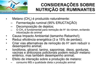 CONSIDERAÇÕES SOBRE NUTRIÇÃO DE RUMINANTES Metano (CH 4 ) é produzido naturalmente: Fermentação ruminal (95% ERUCTAÇÃO) Decomposição de dejetos; O CH 4  é fundamental para remoção de H +  do rúmen, evitando intoxicação do animal Causa Impacto Ambiental (tamanho Rebanho!); Reduz eficiência energética (3 a 15% de perdas); Criar vias alternativas de remoção do  H +  sem reduzir o desempenho animal; Ionóforos, glicerol, tanino, saponinas, óleos, gorduras, vacinas e anticorpos policlonais podem reduzir metano entérico, mas também desempenho animal; Efeito de interação sobre a produção de metano: consumo MS x qualidade dieta x produção animal 