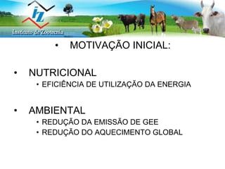 MOTIVAÇÃO INICIAL: NUTRICIONAL  EFICIÊNCIA DE UTILIZAÇÃO DA ENERGIA AMBIENTAL REDUÇÃO DA EMISSÃO DE GEE REDUÇÃO DO AQUECIMENTO GLOBAL 