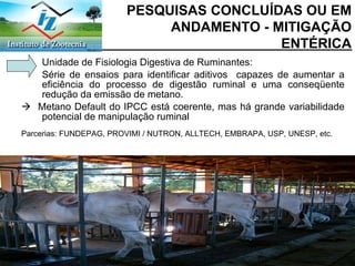 Unidade de Fisiologia Digestiva de Ruminantes: Série de ensaios para identificar aditivos  capazes de aumentar a eficiência do processo de digestão ruminal e uma conseqüente redução da emissão de metano.    Metano Default do IPCC está coerente, mas há grande variabilidade potencial de manipulação ruminal Parcerias: FUNDEPAG, PROVIMI / NUTRON, ALLTECH, EMBRAPA, USP, UNESP, etc. PESQUISAS CONCLUÍDAS OU EM ANDAMENTO - MITIGAÇÃO ENTÉRICA 