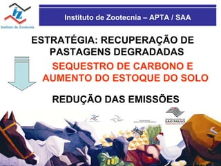 Instituto de Zootecnia – APTA / SAA ESTRATÉGIA: RECUPERAÇÃO DE PASTAGENS DEGRADADAS SEQUESTRO DE CARBONO E AUMENTO DO ESTOQUE DO SOLO  REDUÇÃO DAS EMISSÕES 