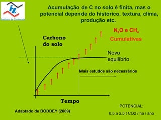 Tempo Carbono do solo Acumulação de C no solo é finita, mas o potencial depende do histórico, textura, clima, produção etc.   N 2 O e CH 4 Novo equilíbrio Cumulativas Mais estudos são necessários Adaptado de BODDEY (2009) POTENCIAL: 0,5 a 2,5 t CO2 / ha / ano 