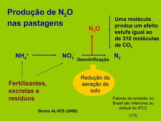 Fertilizantes, excretas e resíduos NH 4 + NO 3 - N 2 O N 2 Produção de N 2 O nas pastagens Desnitrificação Redução da aeração do solo Uma molécula produz um efeito estufa igual ao de 310 moléculas de CO 2 Bruno ALVES (2009) Fatores de emissão no Brasil são inferiores ao default do IPCC (1/3) 