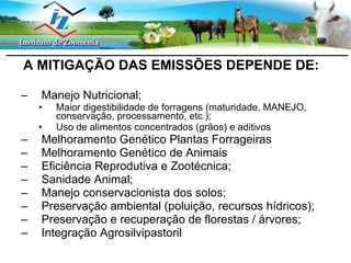 A MITIGAÇÃO DAS EMISSÕES DEPENDE DE: Manejo Nutricional; Maior digestibilidade de forragens (maturidade, MANEJO, conservação, processamento, etc.); Uso de alimentos concentrados (grãos) e aditivos Melhoramento Genético Plantas Forrageiras Melhoramento Genético de Animais Eficiência Reprodutiva e Zootécnica; Sanidade Animal; Manejo conservacionista dos solos; Preservação ambiental (poluição, recursos hídricos); Preservação e recuperação de florestas / árvores; Integração Agrosilvipastoril 