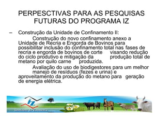 PERPESCTIVAS PARA AS PESQUISAS FUTURAS DO PROGRAMA IZ Construção da Unidade de Confinamento II: Construção do novo confinamento anexo a  Unidade de Recria e Engorda de Bovinos para  possibilitar inclusão do confinamento total nas  fases de recria e engorda de bovinos de corte  visando redução do ciclo produtivo e mitigação da  produção total de metano por quilo carne  produzida. Avaliação do uso de biodigestores para um melhor  manejo de resíduos (fezes e urina) e  aproveitamento da produção do metano para  geração de energia elétrica. 