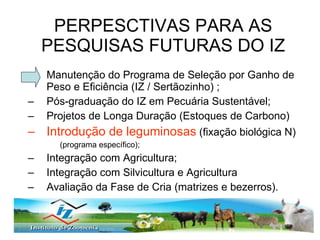PERPESCTIVAS PARA AS PESQUISAS FUTURAS DO IZ Manutenção do Programa de Seleção por Ganho de Peso e Eficiência (IZ / Sertãozinho) ; Pós-graduação do IZ em Pecuária Sustentável; Projetos de Longa Duração (Estoques de Carbono) Introdução de leguminosas  (fixação biológica N) (programa específico); Integração com Agricultura; Integração com Silvicultura e Agricultura Avaliação da Fase de Cria (matrizes e bezerros). 