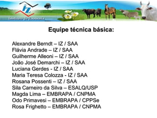 Equipe técnica básica: Alexandre Berndt – IZ / SAA Flávia Andrade – IZ / SAA Guilherme Alleoni – IZ / SAA  João José Demarchi – IZ / SAA Luciana Gerdes - IZ / SAA Maria Teresa Colozza - IZ / SAA Rosana Possenti – IZ / SAA Sila Carneiro da Silva – ESALQ/USP Magda Lima – EMBRAPA / CNPMA Odo Primavesi – EMBRAPA / CPPSe Rosa Frighetto – EMBRAPA / CNPMA 
