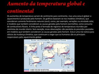 Aumento da temperatura global e continental Os aumentos de temperatura variam de continente para continente, mas uma coisa é global: o aquecimento é produzido pelo homem. Os gráficos baseiam-se nos modelos climáticos, que consideram somente fenômenos naturais (azul), como, por exemplo, variações na atividade solar, e modelos que também consideram as causas geradas pelo homem (vermelho), como consumo de combustíveis fósseis. A linha preta é formada de registros de temperatura reunidos por cientistas do mundo inteiro. Sem exceção, essas observações são paralelas às previsões pautadas em modelos que também consideram as causas geradas pelo homem. Esta é uma má notícia para céticos da mudança climática, que continuam a negar que os humanos são os principais responsáveis pelo aquecimento global