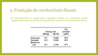 5. Produção de combustíveis fósseis
• O desmatamento é significativo, injetando carbono na atmosfera, porém
globalmente cerca de 20% da emissão de CO2 da queima de combustíveis fósseis.
 