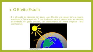1. O Efeito Estufa
• É a absorção de radiação por gases que dificulta seu escape para o espaço,
mantendo a Terra aquecida. É um fenômeno natural, porém com as elevadas
quantidades de gases gerados, um aquecimento de forma negativa está
acontecendo.
Fonte: www.ib.bioninja.com.au
Legenda: O Efeito Estufa.
 