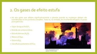 2. Os gases de efeito estufa
• Há seis gases que afetam significativamente o planeta quando as mudanças globais são
consideradas no seu contexto completo. Trata-se, na verdade, de uma família de gases. O grupo
principal inclui:
• Vapor de água (H2O)*;
• Dióxido de carbono (CO2);
• Dióxido Nitroso (N2O);
• Metano (CH4);
• Ozono (O3);
• Clorofluorocarbonetos (CFCs).
Fonte: www.gruposinos.com.br
Legenda: Emissão de gases.
 