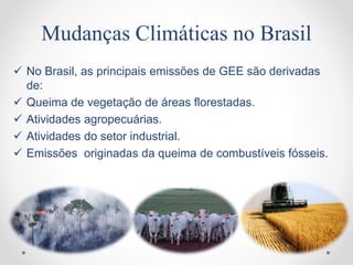 Mudanças Climáticas no Brasil
 No Brasil, as principais emissões de GEE são derivadas
de:
 Queima de vegetação de áreas florestadas.
 Atividades agropecuárias.
 Atividades do setor industrial.
 Emissões originadas da queima de combustíveis fósseis.
 