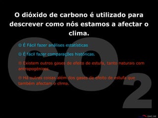 O dióxido de carbono é utilizado para
descrever como nós estamos a afectar o
                            clima.
   É Fácil fazer análises estatísticas

   É fácil fazer comparações históricas.

   Existem outros gases de efeito de estufa, tanto naturais com
  antropogénicos.

   Há outras coisas além dos gases de efeito de estufa que
  também afectam o clima.
 