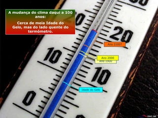 A mudança do clima daqui a 100
            anos:
   Cerca de meia Idade do
 Gelo, mas do lado quente do
        termómetro.


                                                  Ano 2100?




                                              Ano 2000
                                             Ano 1900




                                 Idade do Gelo
 