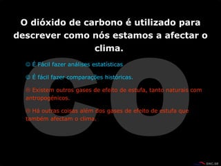 CO 2    É  Fácil fazer análises estatísticas    É  fácil fazer compara çõ es históricas.     Existem outros gases de efeito de estufa, tanto naturais com antropogénicos.    Há outras coisas além dos gases de efeito de estufa que também afectam o clima. O dióxido de carbono é utilizado para descrever como nós estamos a afectar o clima.  