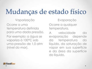 Mudanças de estado físico
     Vaporização              Evaporação
Ocorre a uma             Ocorre a qualquer
temperatura definida     temperatura.
para uma dada pressão.   A      velocidade     da
Por exemplo: a água se   evaporação depende
vaporiza à 100°C sob     da     temperatura    do
uma pressão de 1,0 atm   líquido, da saturação de
(nível do mar).          vapor em sua superfície
                         e da área da superfície
                         do líquido.
 