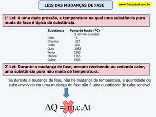 1 ª  Lei: A uma dada pressão, a temperatura na qual uma substância pura muda de fase é típica da substância. Substância      Ponto de fusão (ºC) (1 atm de pressão) Gelo                       0     Chumbo                 327 Prata                     960     Ouro                     1063 Ferro                    1563 Platina                  1765     Cobre                   1803 2 ª  Lei: Durante a mudança de fase, mesmo recebendo ou cedendo calor, uma substância pura não muda de temperatura. Se durante a mudança de fase, não há mudança de temperatura, a quantidade de calor envolvida em uma mudança de fase não é uma quantidade de calor sensível www.fisicaatual.com.br LEIS DAS MUDANÇAS DE FASE 