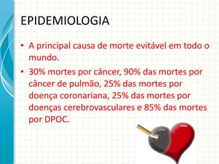 EPIDEMIOLOGIA A principal causa de morte evitável em todo o mundo. 30% mortes por câncer, 90% das mortes por câncer de pulmão, 25% das mortes por doença coronariana, 25% das mortes por doenças cerebrovasculares e 85% das mortes por DPOC. 