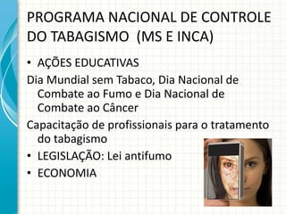 PROGRAMA NACIONAL DE CONTROLE DO TABAGISMO  (MS E INCA) AÇÕES EDUCATIVAS Dia Mundial sem Tabaco, Dia Nacional de Combate ao Fumo e Dia Nacional de Combate ao Câncer Capacitação de profissionais para o tratamento do tabagismo LEGISLAÇÃO: Lei antifumo ECONOMIA 