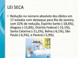 LEI SECA Redução no número absoluto dos óbitos em 17 estados com destaque para Rio de Janeiro, com 32% de redução, Espírito Santo (-18,6%), Alagoas (-15,8%), Distrito Federal (-15,1%), Santa Catarina (-11,2%), Bahia (-6,1%), São Paulo (-6,5%), e Paraná (-5,9%). 