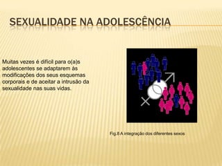Sexualidade na adolescênciaMuitas vezes é difícil para o(a)s adolescentes se adaptarem às modificações dos seus esquemas corporais e de aceitar a intrusão da sexualidade nas suas vidas.Fig.8 A integração dos diferentes sexos