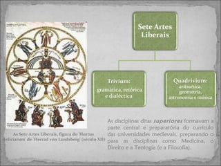 As Sete Artes Liberais, figura do 'Hortus  deliciarum' de 'Herrad von Landsberg' (século XII)  As disciplinas ditas  superiores  formavam a parte central e preparatória do currículo das universidades medievais, preparando o para as disciplinas como Medicina, o Direito e a Teologia (e a Filosofia). 