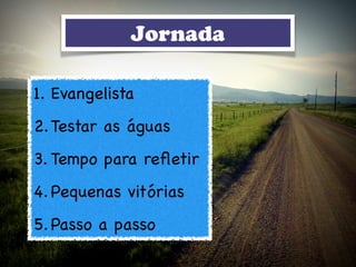 Jornada
1. Evangelista

2.Testar as águas

3. Tempo para reﬂetir

4.Pequenas vitórias

5.Passo a passo
 