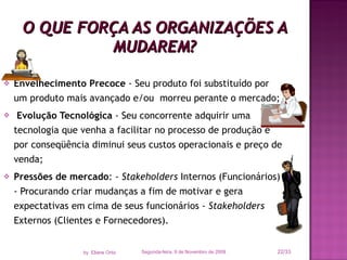 Envelhecimento Precoce  - Seu produto foi substituído por um produto mais avançado e/ou  morreu perante o mercado; Evolução Tecnológica  - Seu concorrente adquirir uma tecnologia que venha a facilitar no processo de produção e por conseqüência diminui seus custos operacionais e preço de venda; Pressões de mercado : -  Stakeholders  Internos (Funcionários) - Procurando criar mudanças a fim de motivar e gera expectativas em cima de seus funcionários -  Stakeholders  Externos (Clientes e Fornecedores). O QUE FORÇA AS ORGANIZAÇÕES A MUDAREM? Segunda-feira, 9 de Novembro de 2009 /33 by  Eliane Ortiz 
