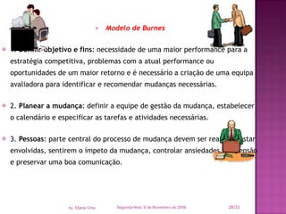 Modelo de Burnes 1.  Definir objetivo e fins : necessidade de uma maior performance para a estratégia competitiva, problemas com a atual performance ou oportunidades de um maior retorno e é necessário a criação de uma equipa avaliadora para identificar e recomendar mudanças necessárias. 2.  Planear a mudança : definir a equipe de gestão da mudança, estabelecer o calendário e especificar as tarefas e atividades necessárias. 3.  Pessoas : parte central do processo de mudança devem ser reativas, estar envolvidas, sentirem o ímpeto da mudança, controlar ansiedades, apreensão e preservar uma boa comunicação. Segunda-feira, 9 de Novembro de 2009 /33 by  Eliane Ortiz 