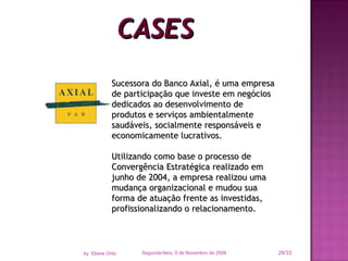 CASES Segunda-feira, 9 de Novembro de 2009 /33 by  Eliane Ortiz Sucessora do Banco Axial, é uma empresa de participação que investe em negócios dedicados ao desenvolvimento de produtos e serviços ambientalmente saudáveis, socialmente responsáveis e economicamente lucrativos. Utilizando como base o processo de Convergência Estratégica realizado em junho de 2004, a empresa realizou uma mudança organizacional e mudou sua forma de atuação frente as investidas, profissionalizando o relacionamento. 