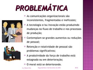 PROBLEMÁTICA Segunda-feira, 9 de Novembro de 2009 /33 by  Eliane Ortiz As comunicações organizacionais são inconsistentes, fragmentadas e ineficazes; A tecnologia e/ou inovação estão produzindo mudanças no fluxo de trabalho e nos processos de produção; Contemplam-se grandes aumentos ou reduções de pessoal; Retenção e rotatividade de pessoal são problemas significativos; A produtividade da força de trabalho está estagnada ou em deterioração; O moral está se deteriorando. 