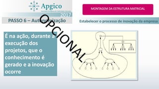 PASSO 6 – Autonomização
É na ação, durante a
execução dos
projetos, que o
conhecimento é
gerado e a inovação
ocorre
2017
Estabelecer o processo de inovação da empresa
 